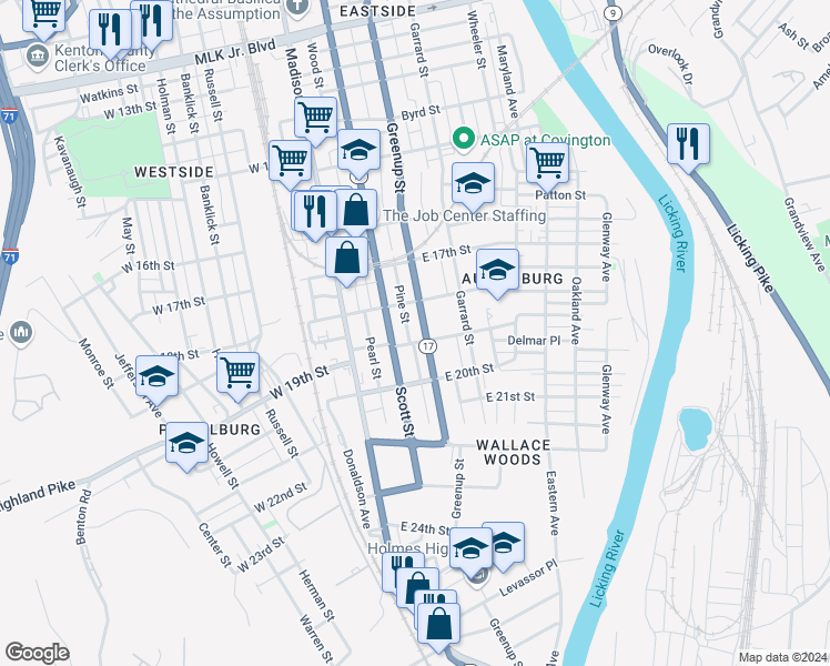 map of restaurants, bars, coffee shops, grocery stores, and more near 1801 Pine Street in Covington