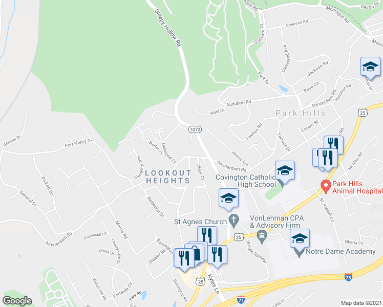 map of restaurants, bars, coffee shops, grocery stores, and more near 1530 Amsterdam Road in Fort Wright