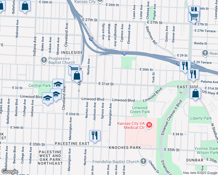map of restaurants, bars, coffee shops, grocery stores, and more near 4305 East 31st Street in Kansas City