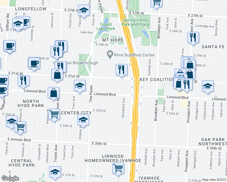 map of restaurants, bars, coffee shops, grocery stores, and more near 1700 Linwood Boulevard in Kansas City