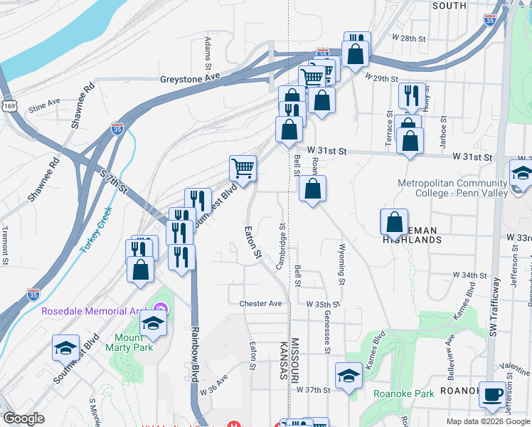 map of restaurants, bars, coffee shops, grocery stores, and more near 114 Cambridge Street in Kansas City