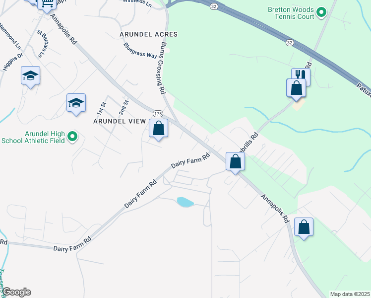 map of restaurants, bars, coffee shops, grocery stores, and more near 911 Annapolis Road in Gambrills