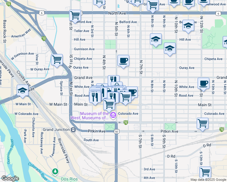 map of restaurants, bars, coffee shops, grocery stores, and more near in Grand Junction