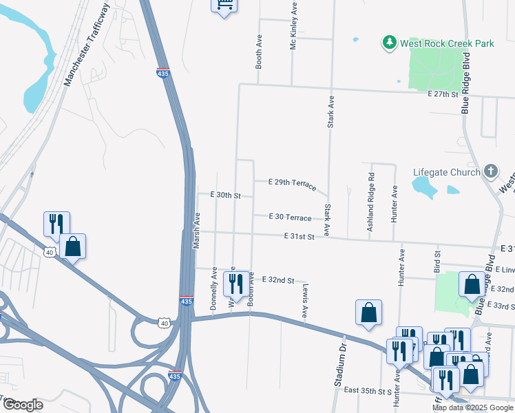map of restaurants, bars, coffee shops, grocery stores, and more near 8600 East 30 Terrace in Kansas City