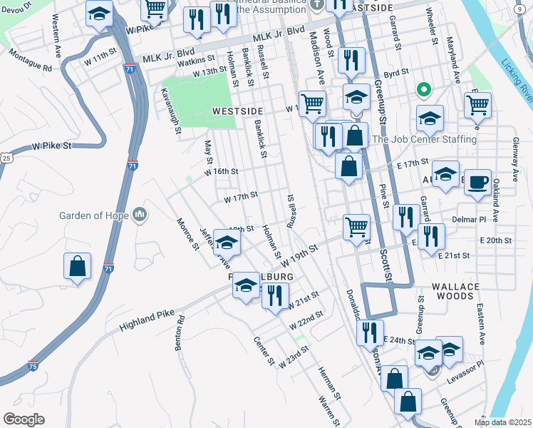 map of restaurants, bars, coffee shops, grocery stores, and more near 1722 Holman Street in Covington