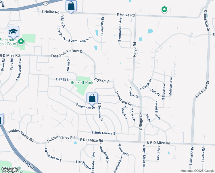 map of restaurants, bars, coffee shops, grocery stores, and more near 18700 East 27th Terrace South in Independence