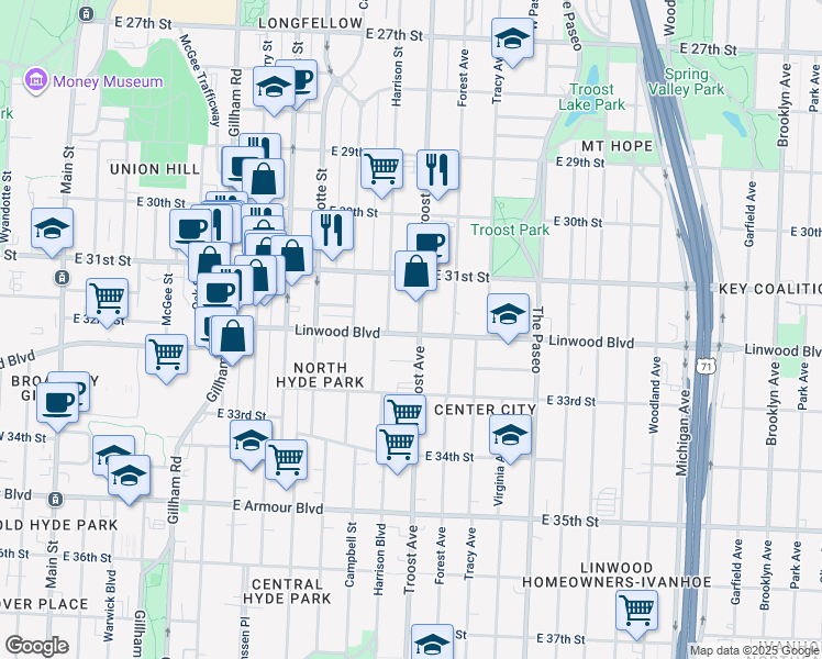 map of restaurants, bars, coffee shops, grocery stores, and more near 3156 Troost Avenue in Kansas City