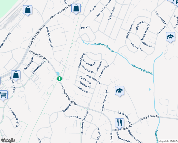 map of restaurants, bars, coffee shops, grocery stores, and more near 1320 Passage Drive in Odenton