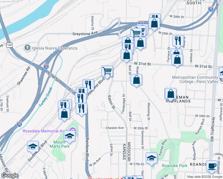 map of restaurants, bars, coffee shops, grocery stores, and more near 2813 Eaton Street in Kansas City