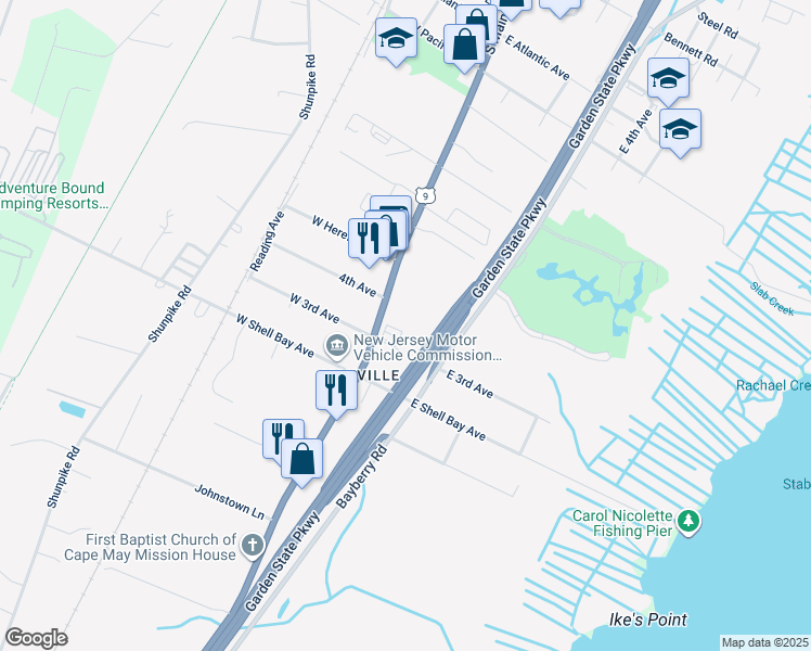 map of restaurants, bars, coffee shops, grocery stores, and more near 804 Route 9 South in Middle Township