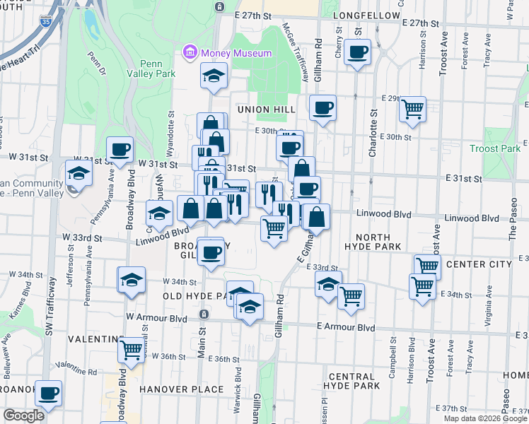 map of restaurants, bars, coffee shops, grocery stores, and more near 43 East 32nd Street in Kansas City