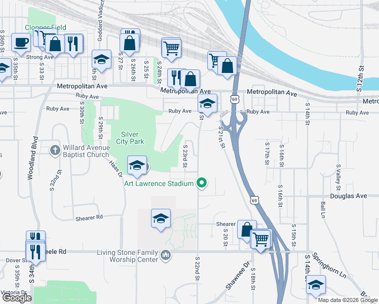 map of restaurants, bars, coffee shops, grocery stores, and more near 1717 South 23rd Street in Kansas City