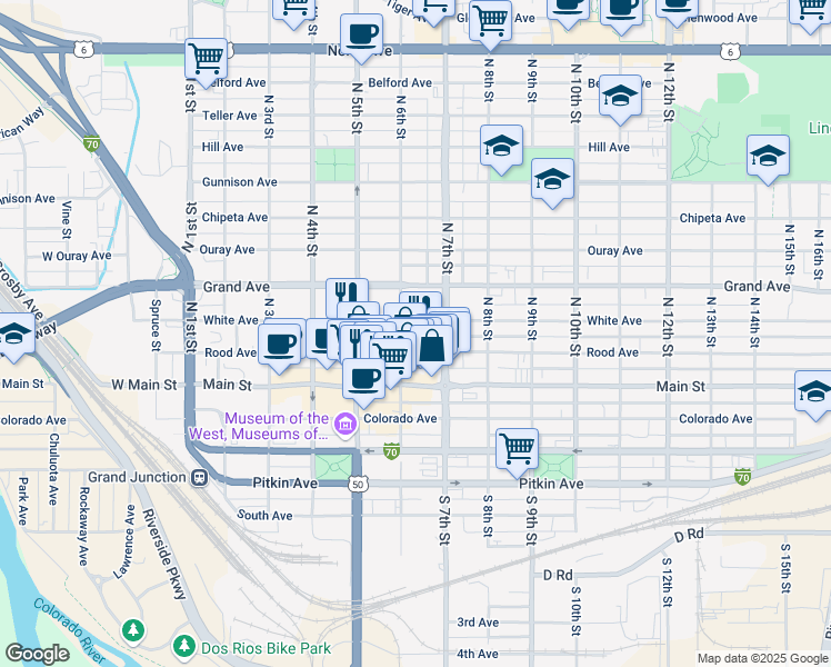 map of restaurants, bars, coffee shops, grocery stores, and more near 615 White Avenue in Grand Junction