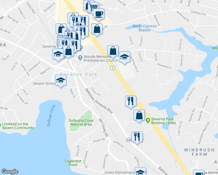 map of restaurants, bars, coffee shops, grocery stores, and more near 753 Ticonderoga Avenue in Severna Park