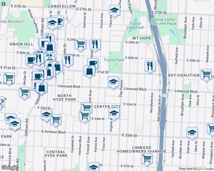 map of restaurants, bars, coffee shops, grocery stores, and more near 1224 Linwood Boulevard in Kansas City