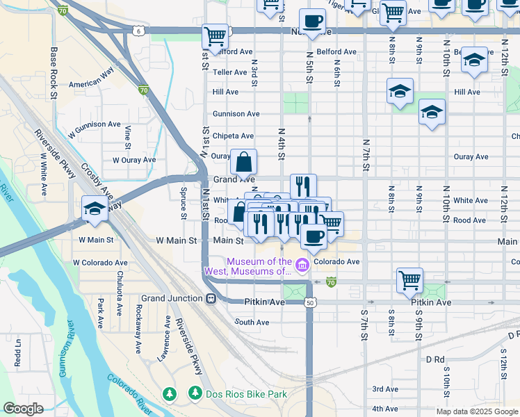 map of restaurants, bars, coffee shops, grocery stores, and more near 226 North 3rd Street in Grand Junction