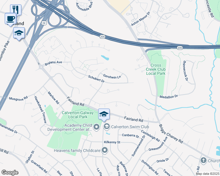 map of restaurants, bars, coffee shops, grocery stores, and more near 3128 Beethoven Way in Silver Spring