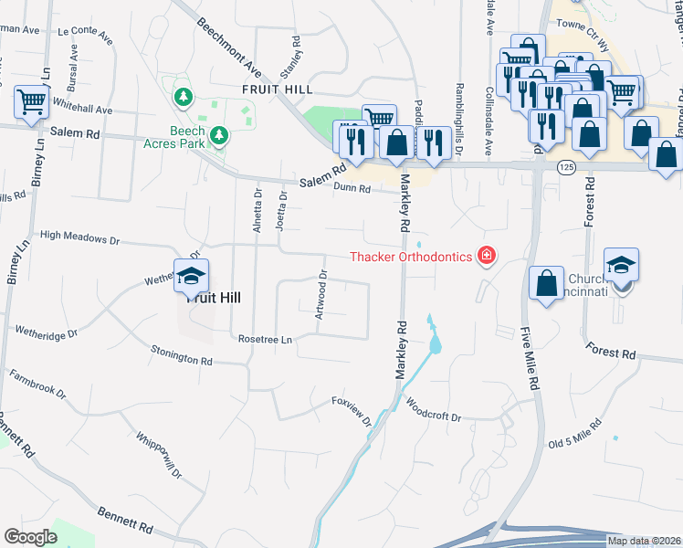 map of restaurants, bars, coffee shops, grocery stores, and more near 1050 Eastland Terrace in Cincinnati