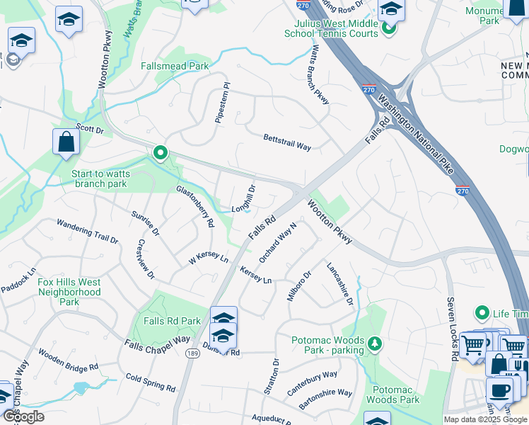 map of restaurants, bars, coffee shops, grocery stores, and more near 3 Sunnymeade Court in Rockville