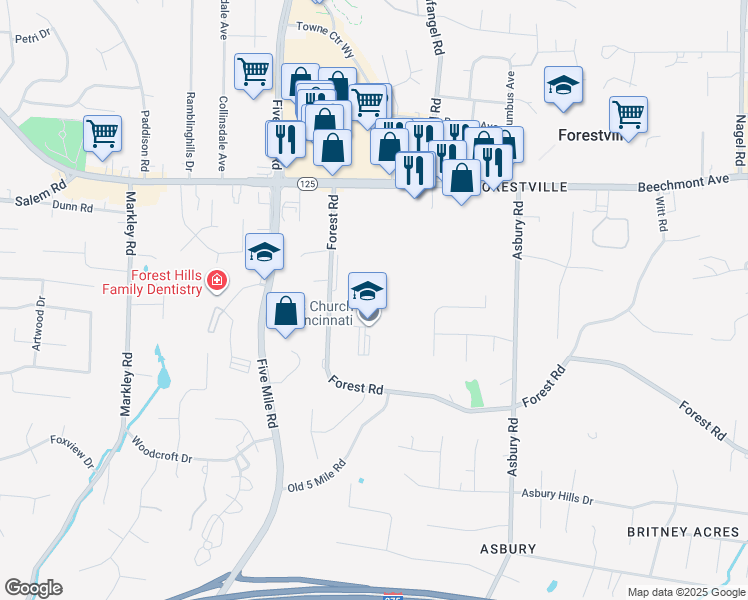 map of restaurants, bars, coffee shops, grocery stores, and more near 7560 Forest Rd in Cincinnati