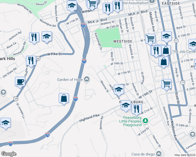 map of restaurants, bars, coffee shops, grocery stores, and more near 1605 Monroe Street in Covington