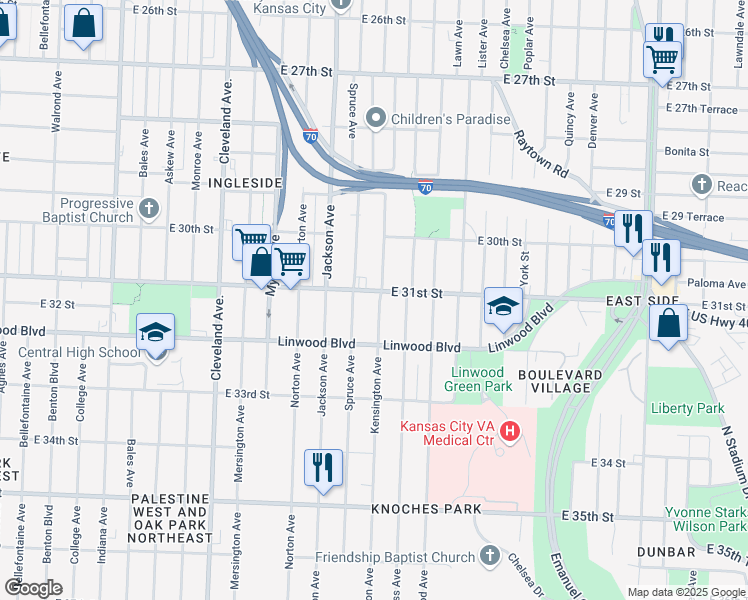 map of restaurants, bars, coffee shops, grocery stores, and more near 4305 East 31st Street in Kansas City