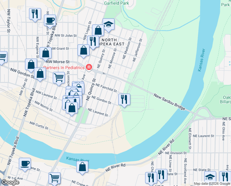 map of restaurants, bars, coffee shops, grocery stores, and more near 1030 NE Madison St in Topeka