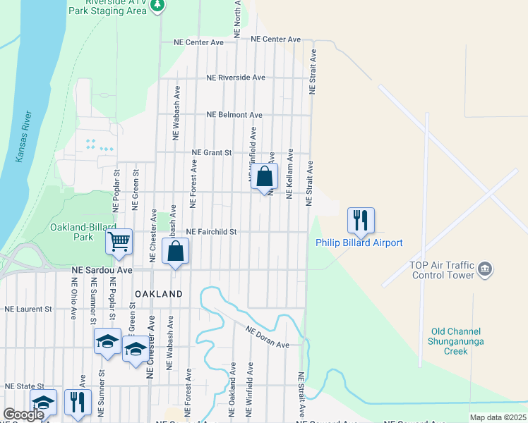 map of restaurants, bars, coffee shops, grocery stores, and more near 923 Northeast Arter Avenue in Topeka