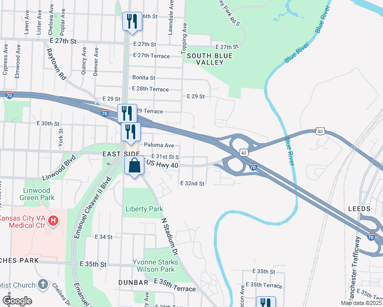 map of restaurants, bars, coffee shops, grocery stores, and more near 5816 East 31st Street in Kansas City