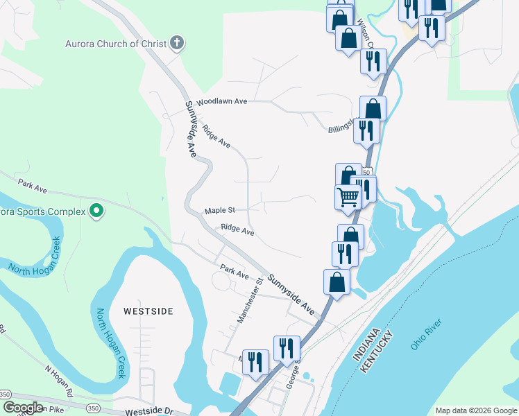 map of restaurants, bars, coffee shops, grocery stores, and more near 306 Maple Street in Aurora