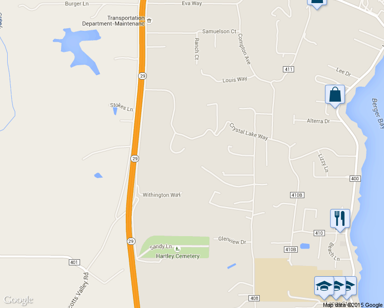 map of restaurants, bars, coffee shops, grocery stores, and more near 2795 Louis Court in Lakeport