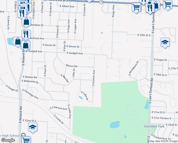map of restaurants, bars, coffee shops, grocery stores, and more near 916 South Lake Drive Court in Independence