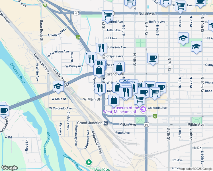 map of restaurants, bars, coffee shops, grocery stores, and more near 15 White Avenue in Grand Junction