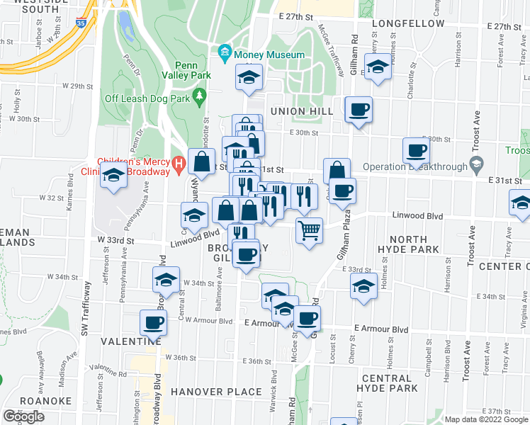 map of restaurants, bars, coffee shops, grocery stores, and more near 19 E 32nd St in Kansas City