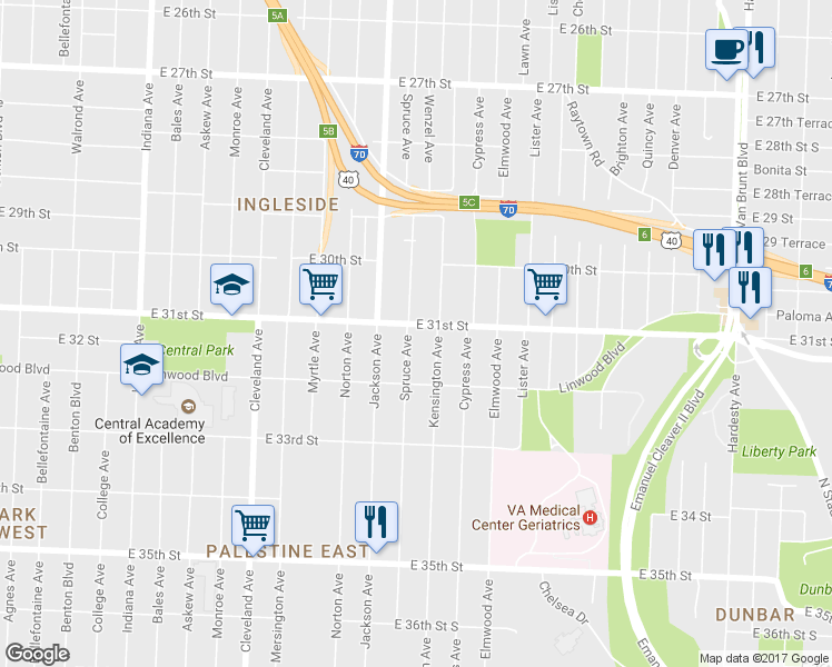 map of restaurants, bars, coffee shops, grocery stores, and more near 4305 E 31st St in Kansas City