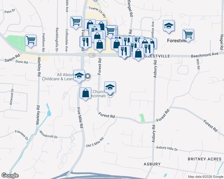 map of restaurants, bars, coffee shops, grocery stores, and more near 7560 Forest Road in Cincinnati