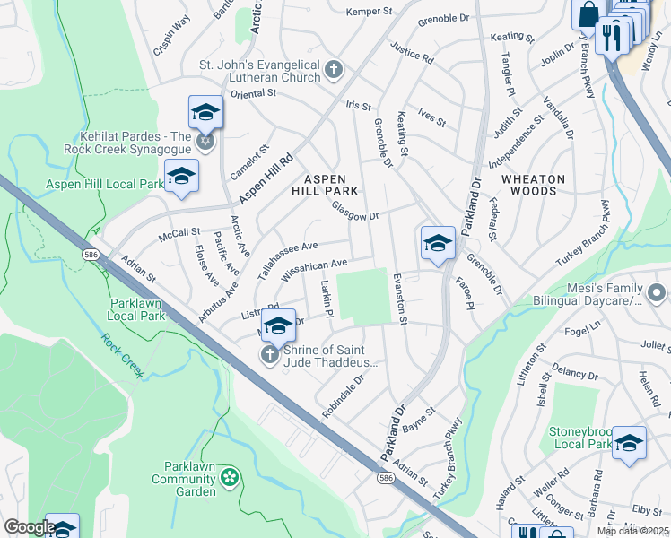 map of restaurants, bars, coffee shops, grocery stores, and more near 4614 Wissahican Avenue in Rockville