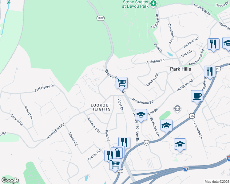 map of restaurants, bars, coffee shops, grocery stores, and more near 1528 Amsterdam Road in Fort Wright
