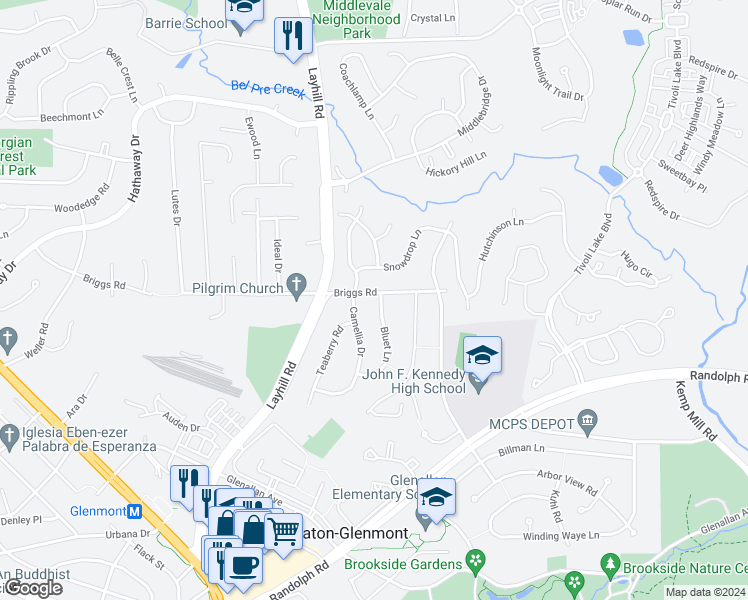 map of restaurants, bars, coffee shops, grocery stores, and more near 1900 Briggs Road in Silver Spring