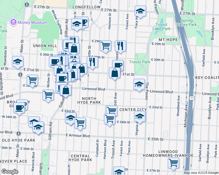 map of restaurants, bars, coffee shops, grocery stores, and more near 3156 Troost Avenue in Kansas City