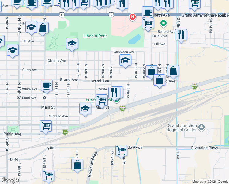 map of restaurants, bars, coffee shops, grocery stores, and more near 1915 White Avenue in Grand Junction