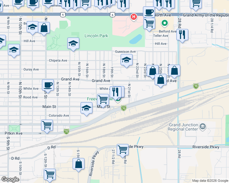 map of restaurants, bars, coffee shops, grocery stores, and more near 1905 White Avenue in Grand Junction