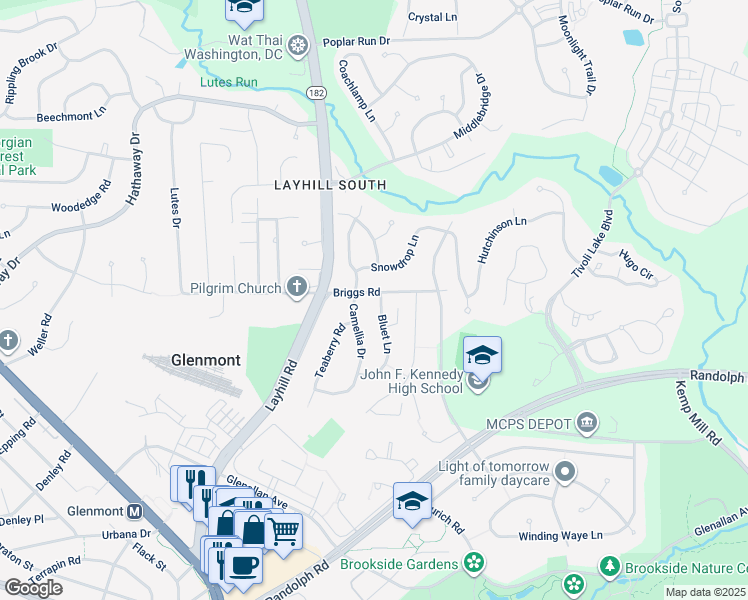 map of restaurants, bars, coffee shops, grocery stores, and more near 1900 Briggs Road in Silver Spring