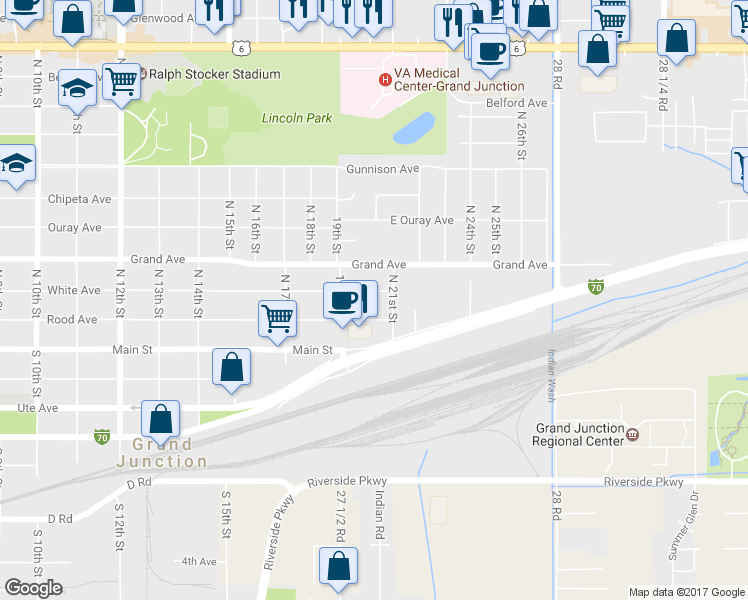 map of restaurants, bars, coffee shops, grocery stores, and more near 2015 White Avenue in Grand Junction
