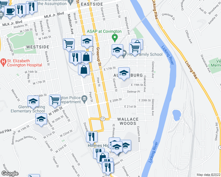 map of restaurants, bars, coffee shops, grocery stores, and more near 218 East 19th Street in Covington