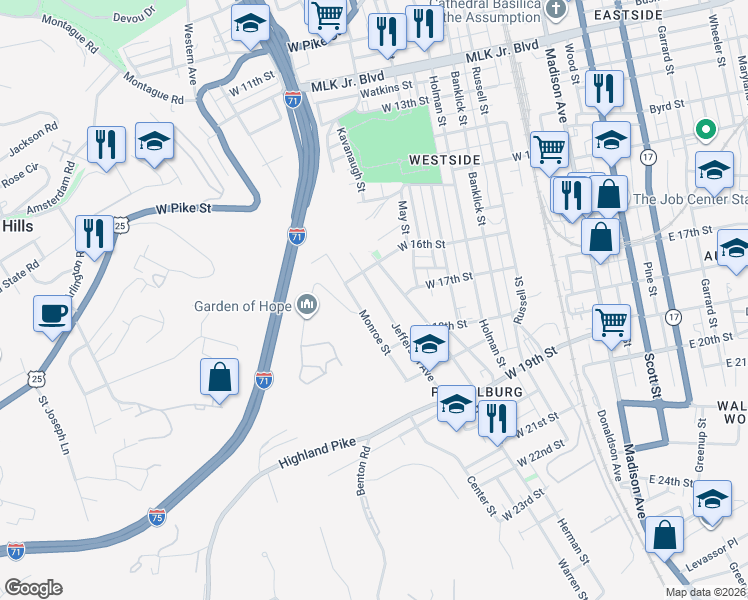map of restaurants, bars, coffee shops, grocery stores, and more near 1627 Jefferson Avenue in Covington