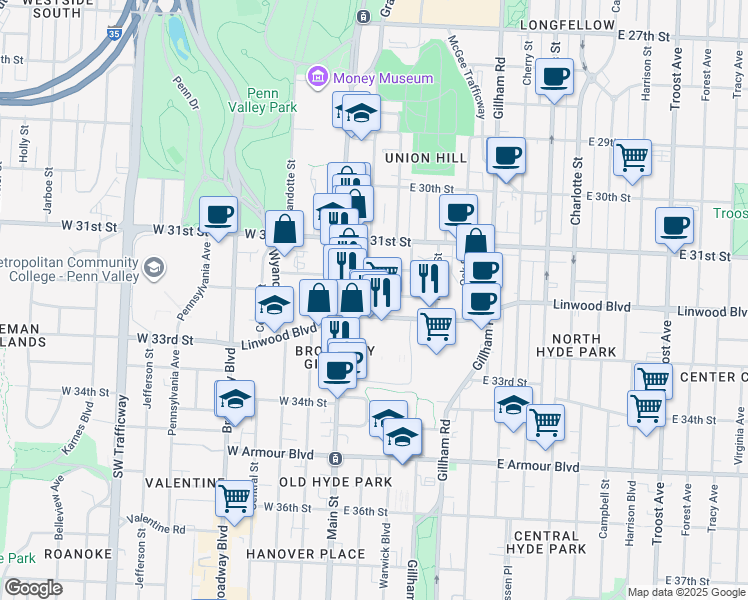 map of restaurants, bars, coffee shops, grocery stores, and more near 19 East 32nd Street in Kansas City