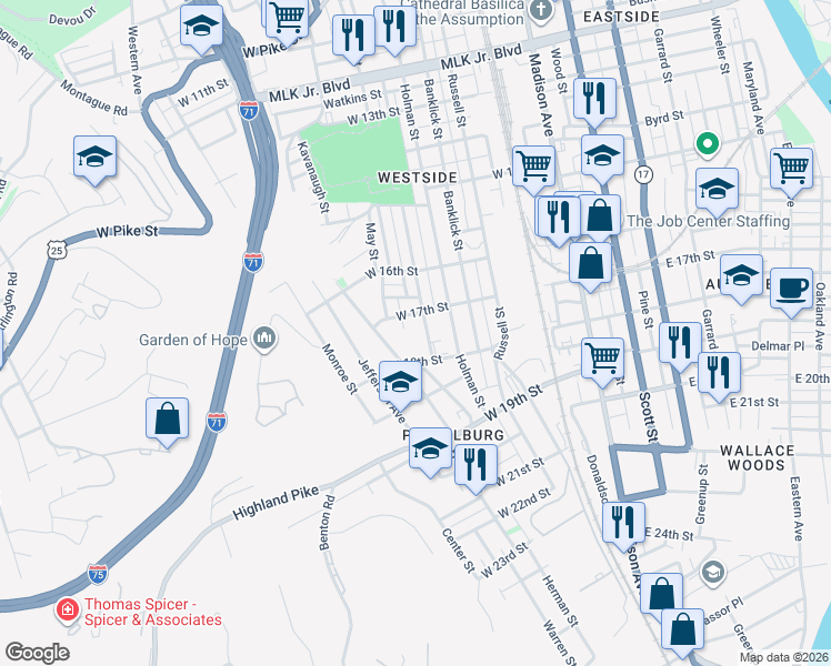 map of restaurants, bars, coffee shops, grocery stores, and more near 1715 Woodburn Ave in Covington