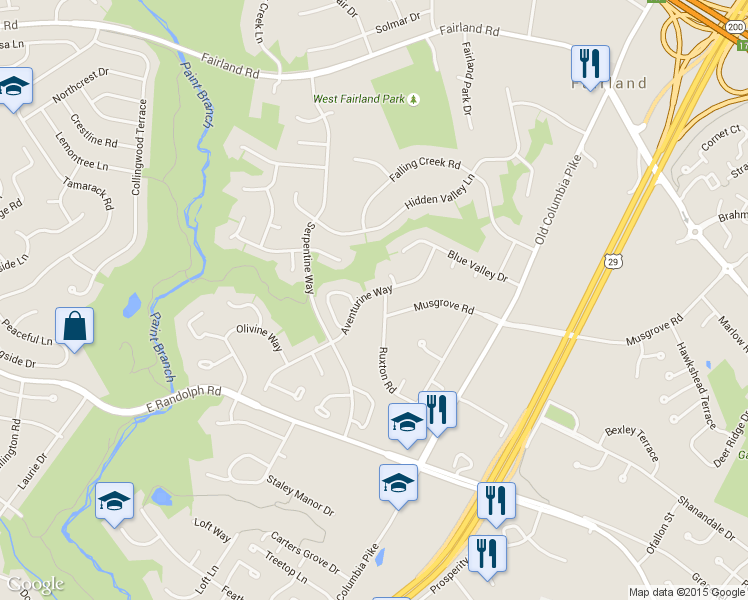 map of restaurants, bars, coffee shops, grocery stores, and more near 2121 Aventurine Way in Silver Spring
