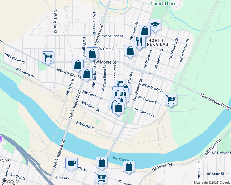 map of restaurants, bars, coffee shops, grocery stores, and more near 123 Northwest Gordon Street in Topeka